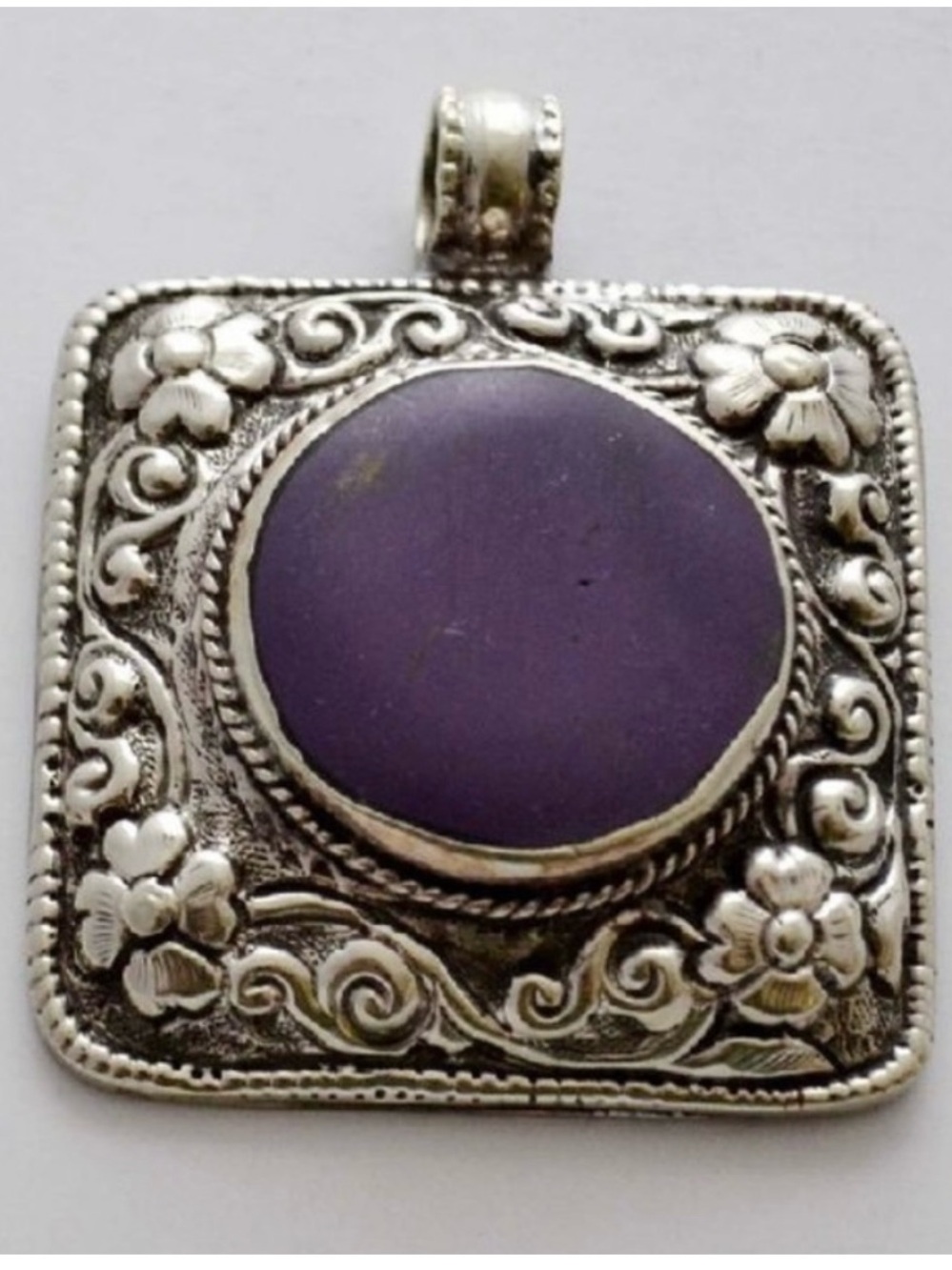 Nepalese Tibetan silver purple stone  floral howlite pendant